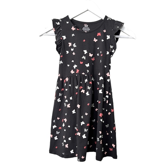 H&M Kids Butterfly Print Ruffle Sleeve Cotton Dress Black Silver Pink Sz 6X /7 - Picture 3 of 7